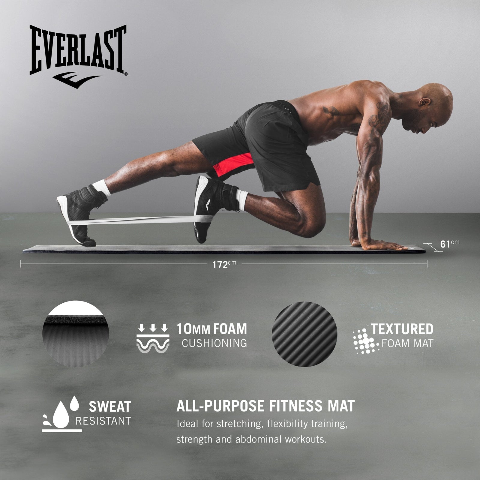 A rolled up black Everlast NBR fitness mat with a textured surface.