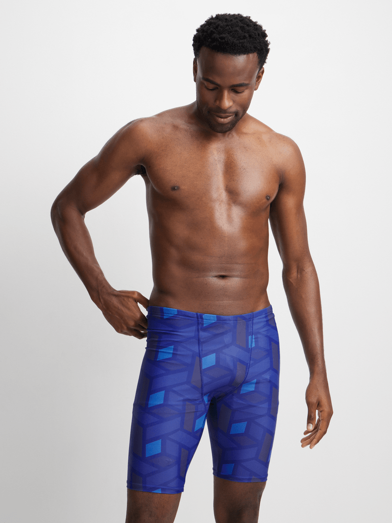 Men's Geometric All-Over Print Navy Blue Swim Jammer Performance Swimwear