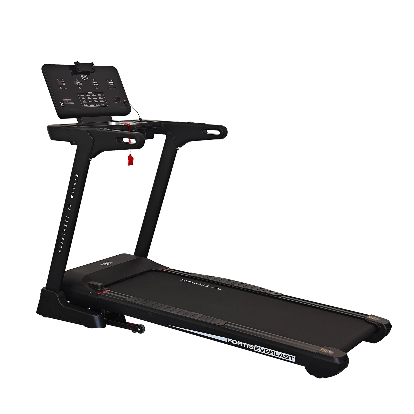 A black Everlast Fortis Treadmill with a large running deck, visible control panel and brand logo, placed on a white background.
