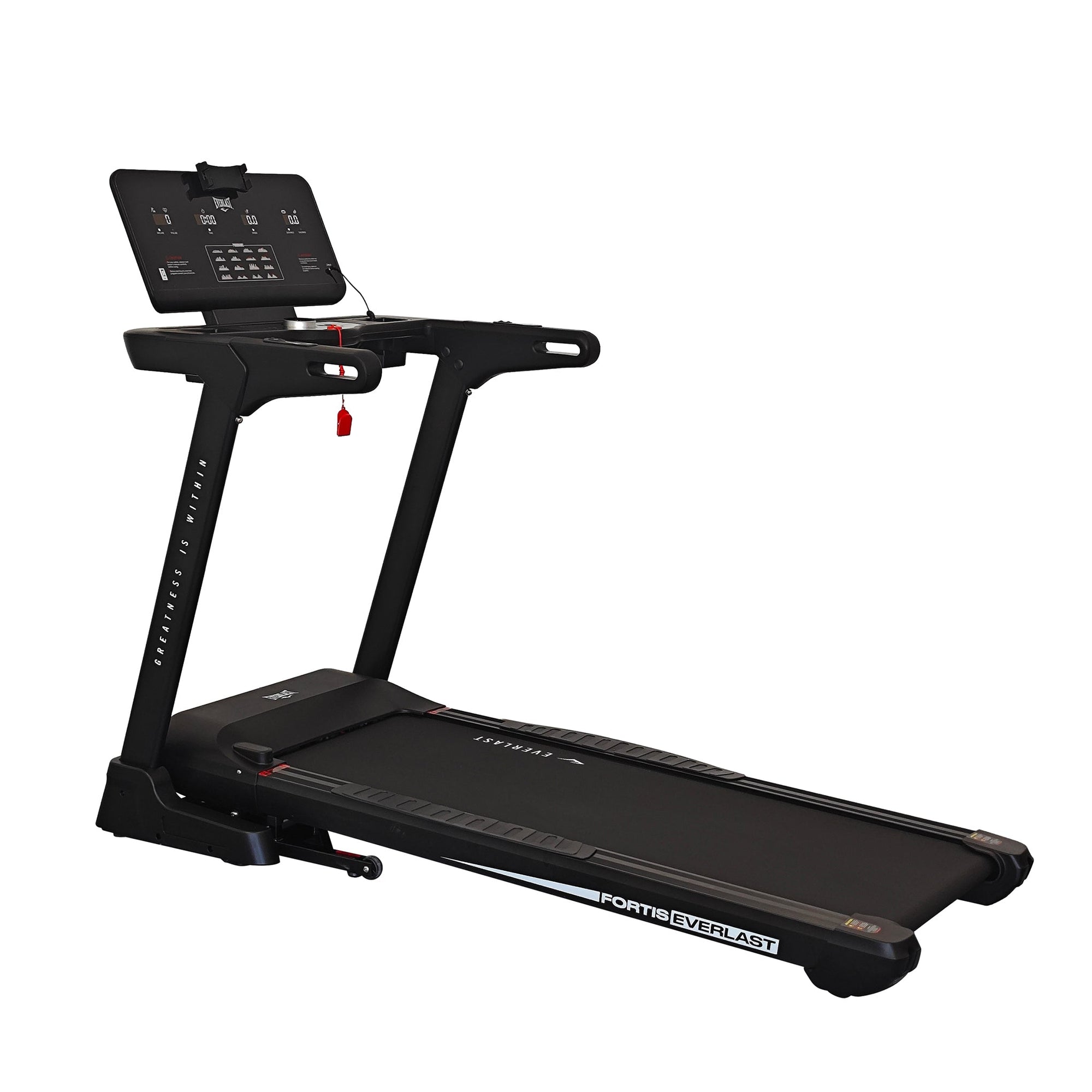 A black Everlast Fortis Treadmill with a large running deck, visible control panel and brand logo, placed on a white background.