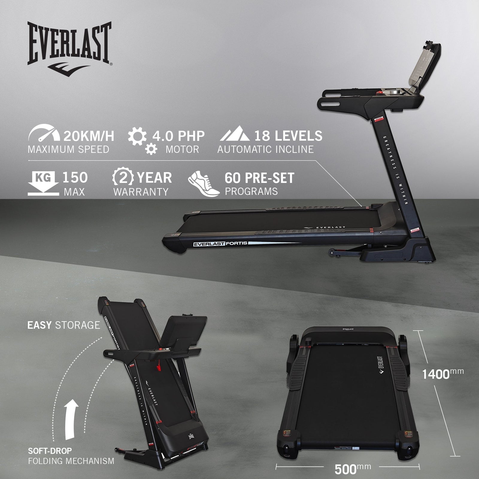 A black Everlast Fortis Treadmill with a large running deck, visible control panel and brand logo, placed on a white background.